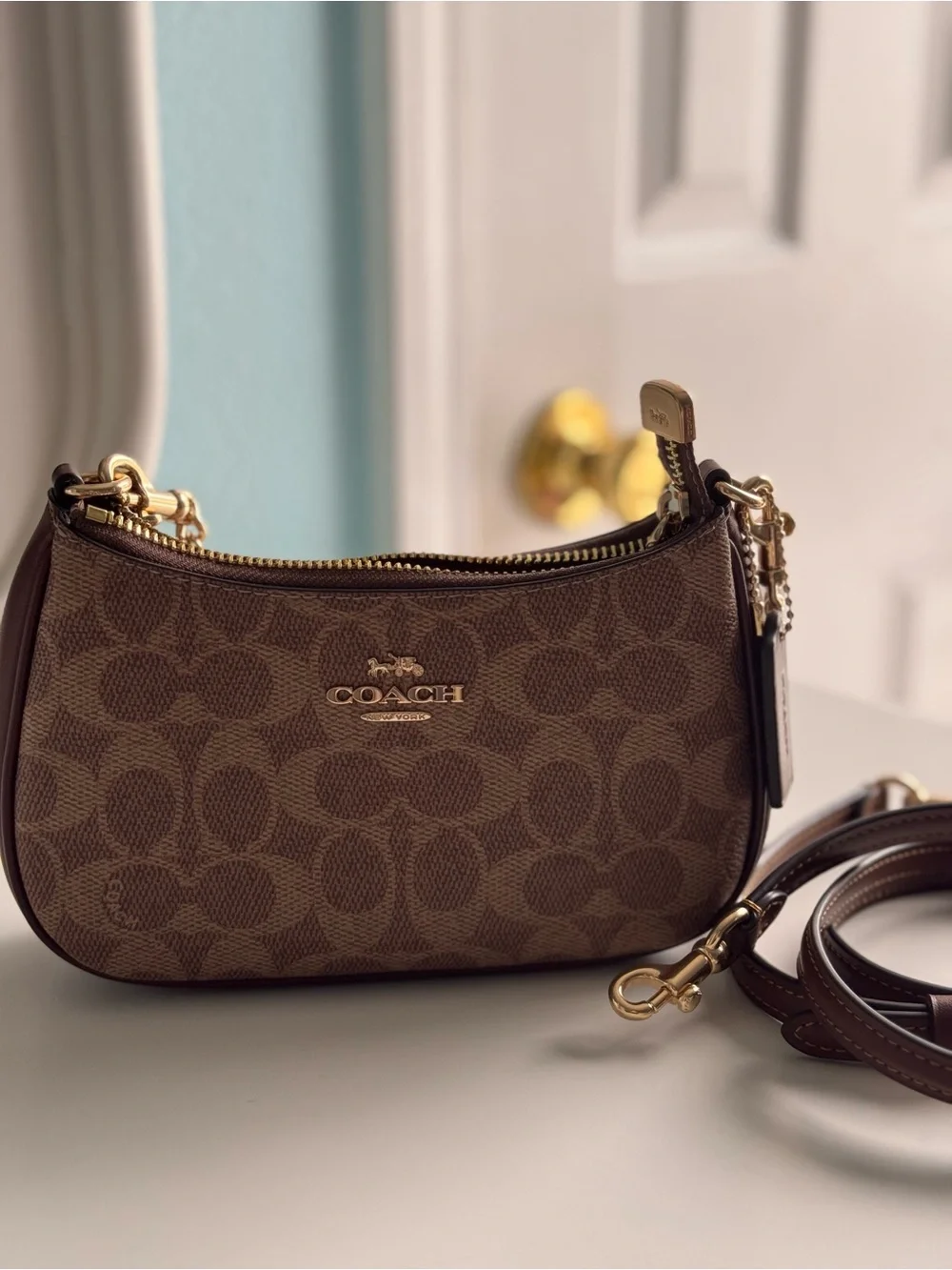 Coach Brown Signature Mini Crossbody with Gold Hardware